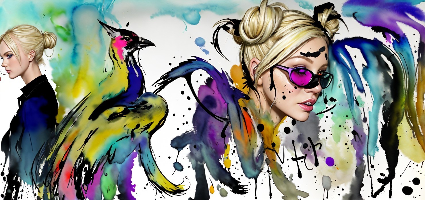 Vibrant Scene of Woman and Abstract Colorful Phoenix