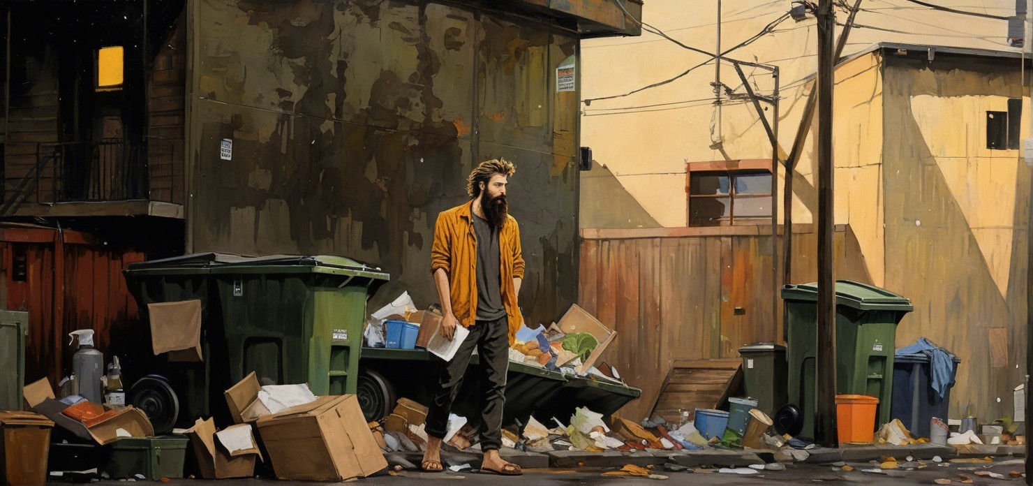 Man in Orange Jacket Contemplates in Cluttered Alley
