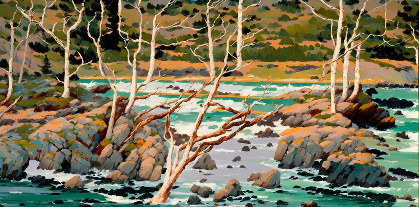 Coastal Landscape with Rocky Shores and White Trees