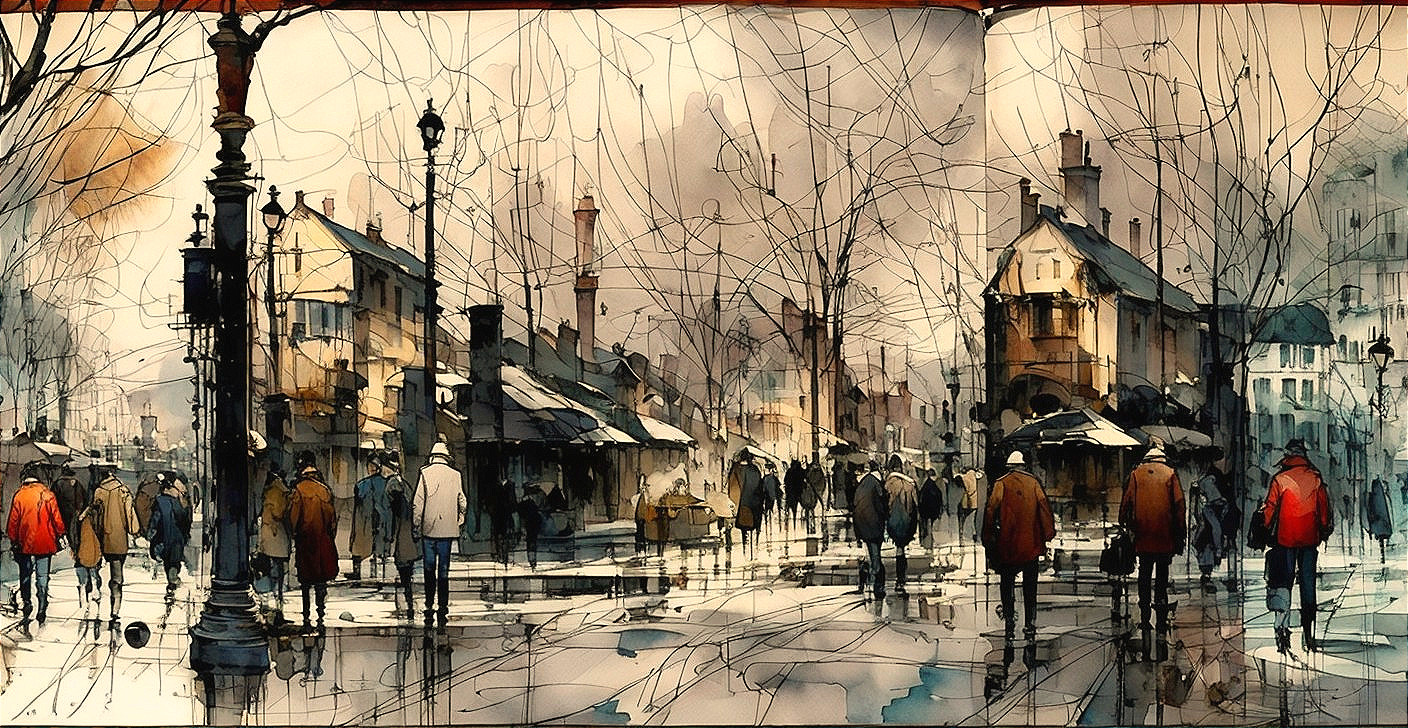 Foggy Urban Square with Historic Architecture and Rain