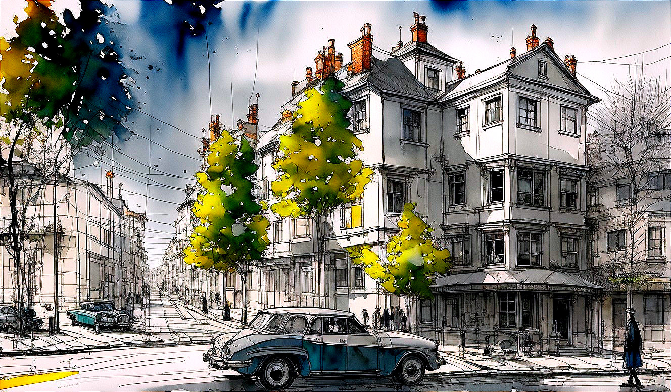Vintage Car in Quaint Urban Street Scene with Trees