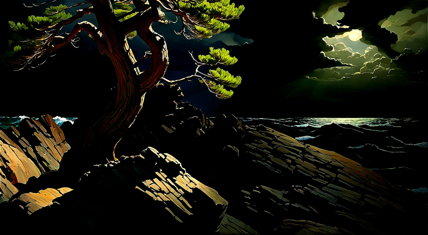 Twisted Tree on Rocks Under Moonlit Sky and Turbulent Sea