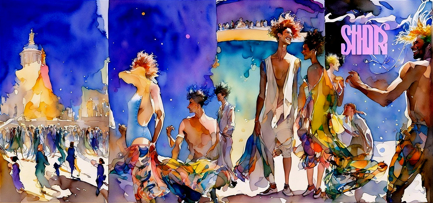 Vibrant Watercolor Fashion Event Illustration at Dusk
