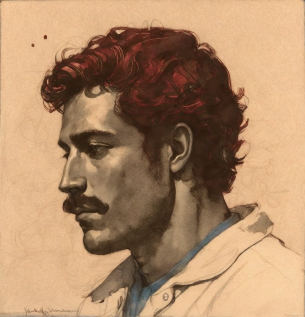 Stylized portrait of a man with wavy reddish-brown hair