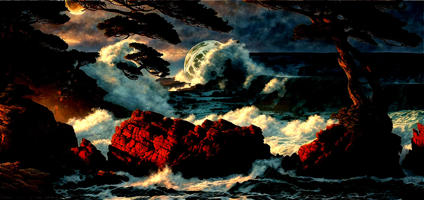 Dramatic Coastal Scene with Waves and Ethereal Moon