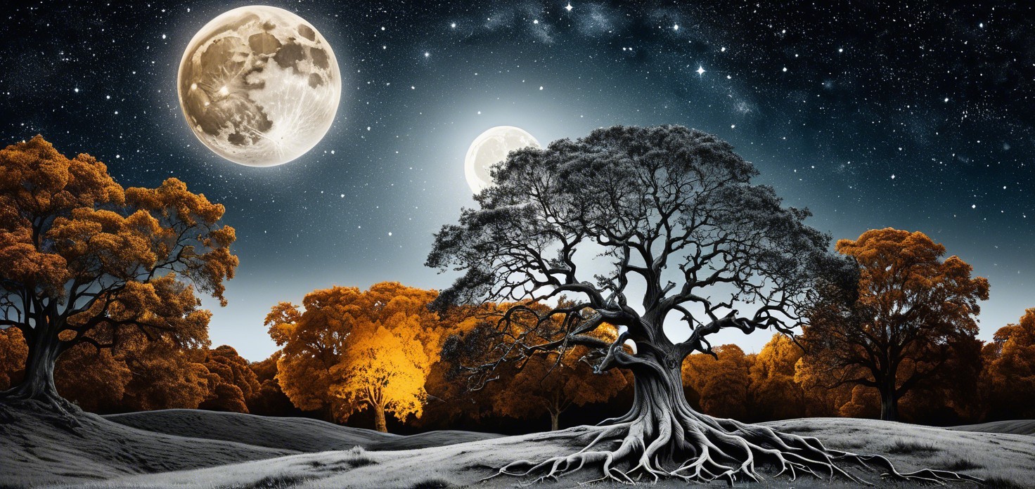 Mystical landscape with gnarled tree and luminous moons