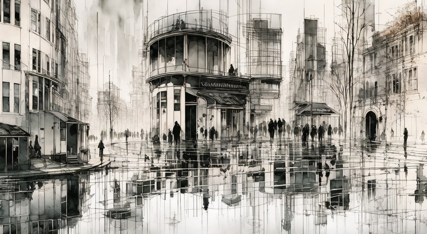 Surreal Urban Landscape with Reflective Water Surfaces