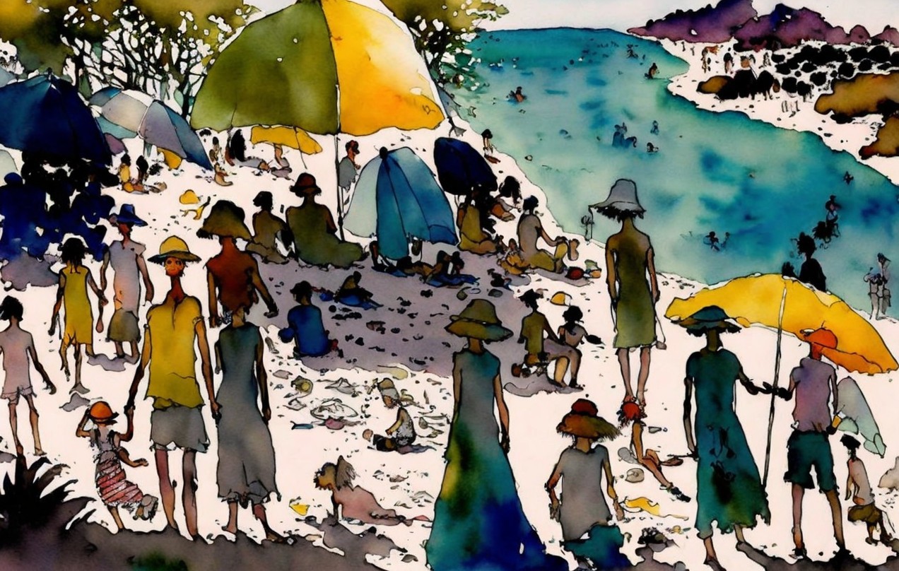 Vibrant Beach Scene with Families Enjoying Summer Day