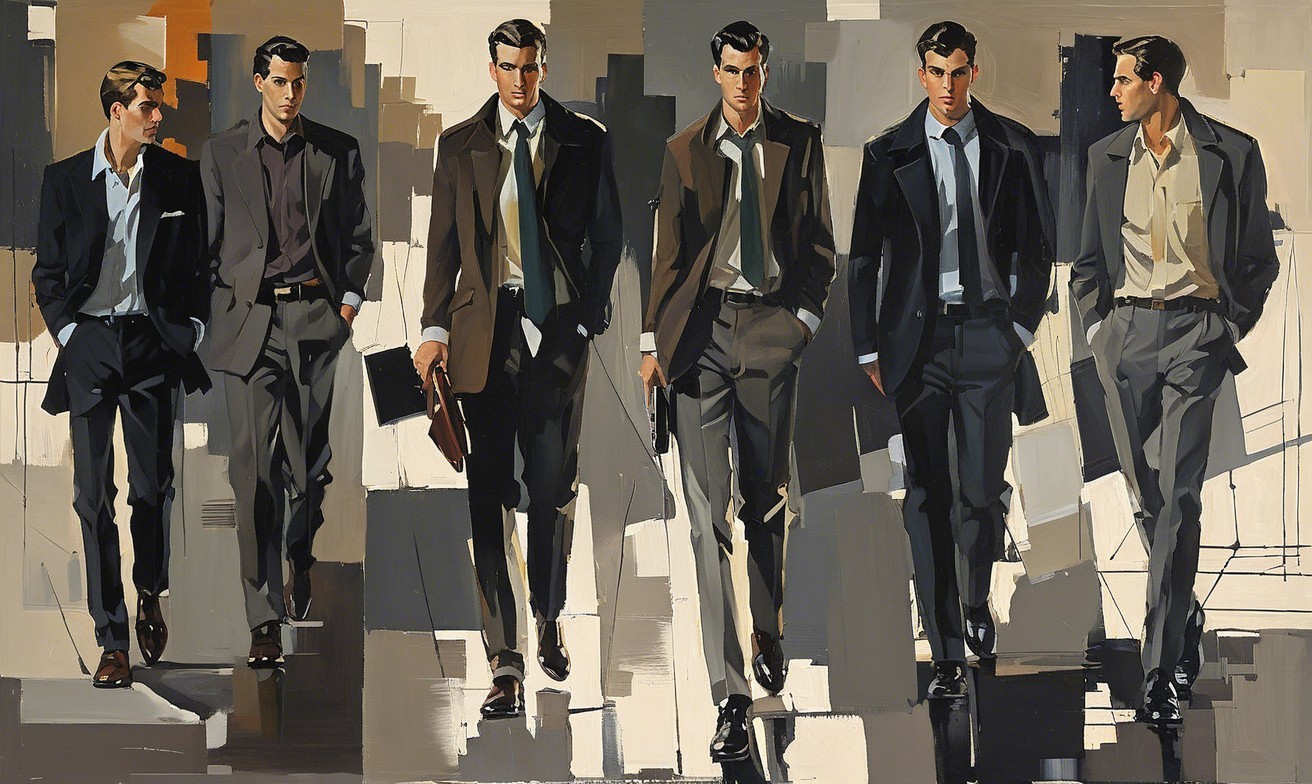 Stylish Men in Smart Attire Against Artistic Backdrop