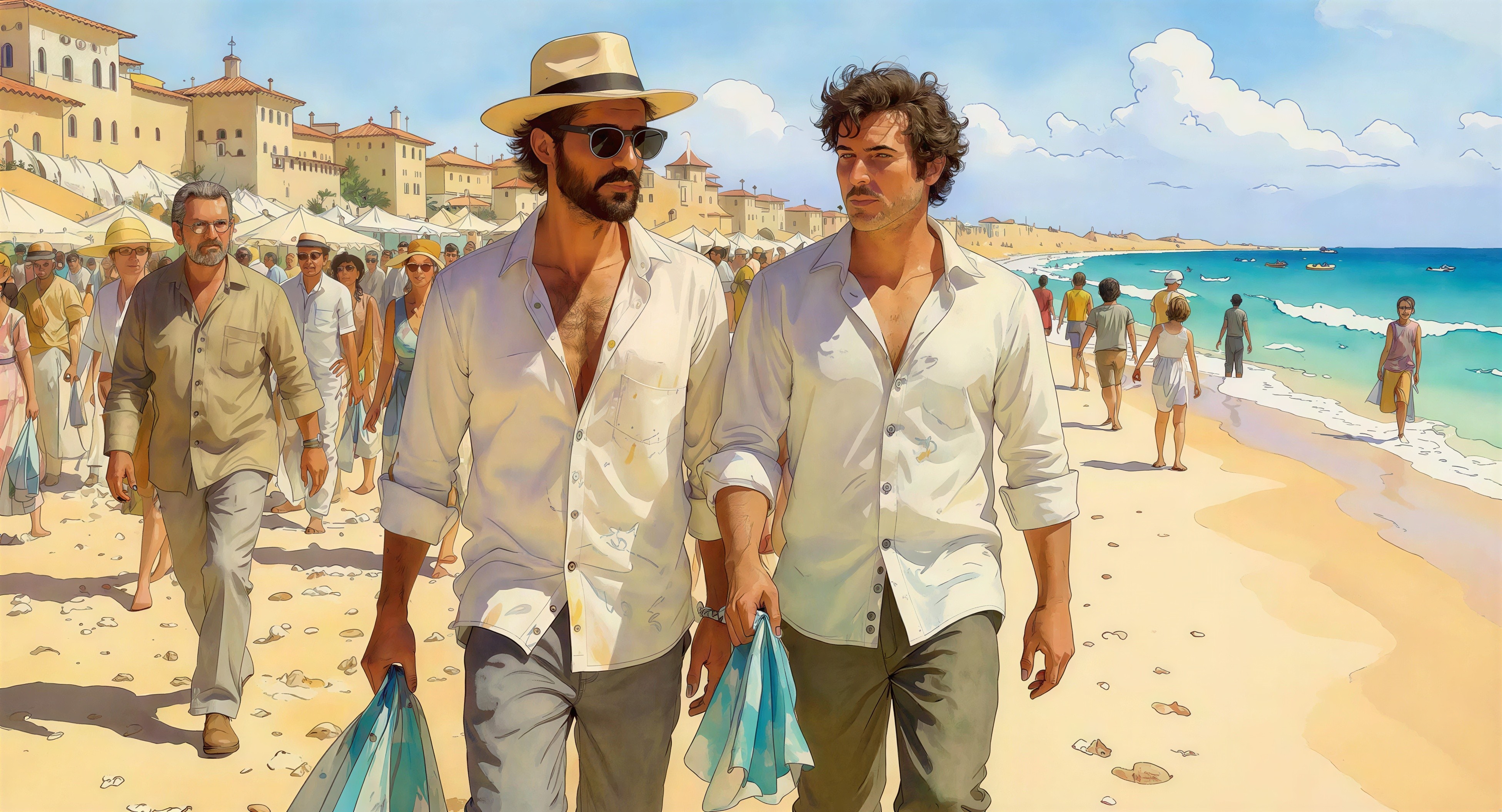 Two men walking on a sunny beach with a crowd