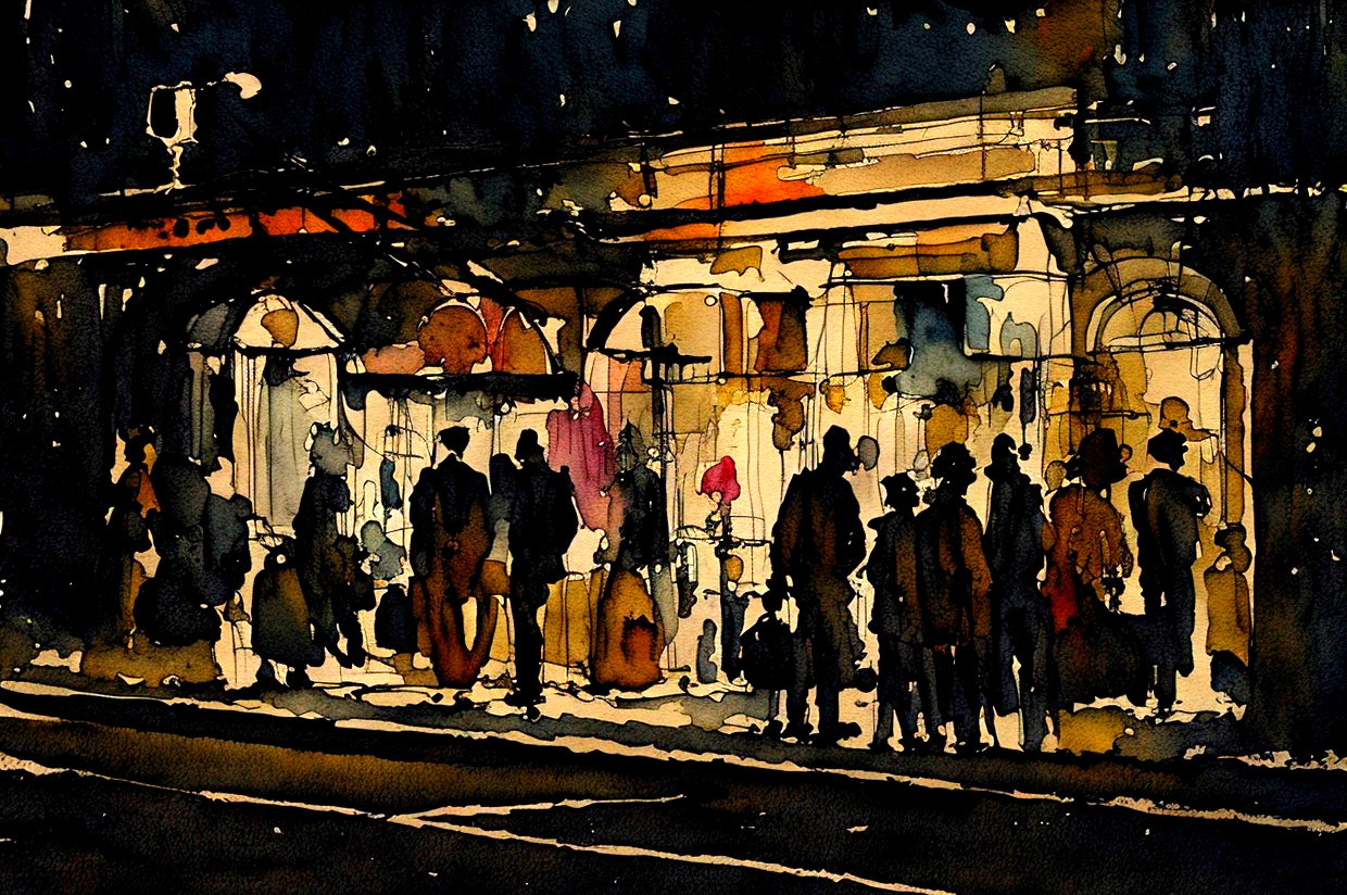 Vibrant watercolor painting: city night scene with bus stop silhouettes