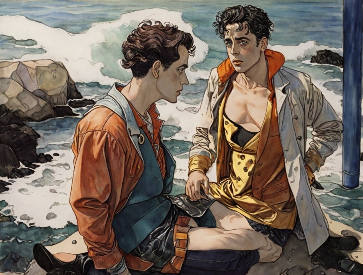 Stylish Young Men by the Ocean with Vibrant Outfits