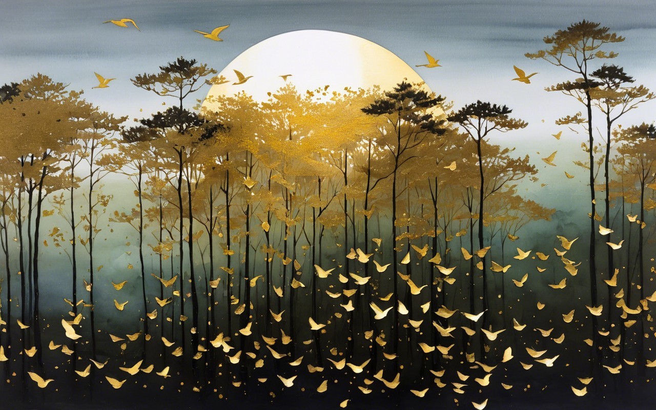 Serene Landscape with Golden Sun and Dark Trees