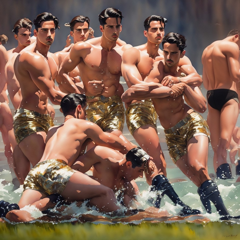 Athletic Men Wrestling Playfully at the Beach
