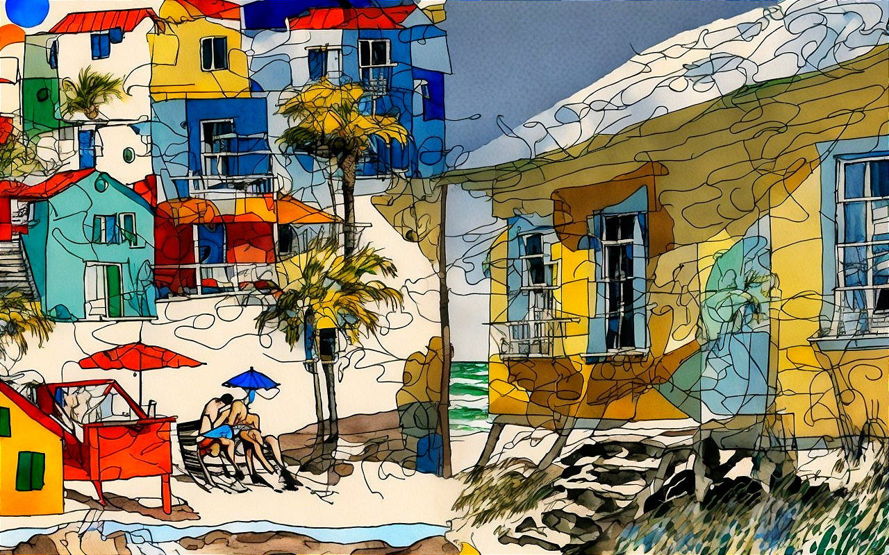 Vibrant Coastal Scene with Colorful Houses and Ocean