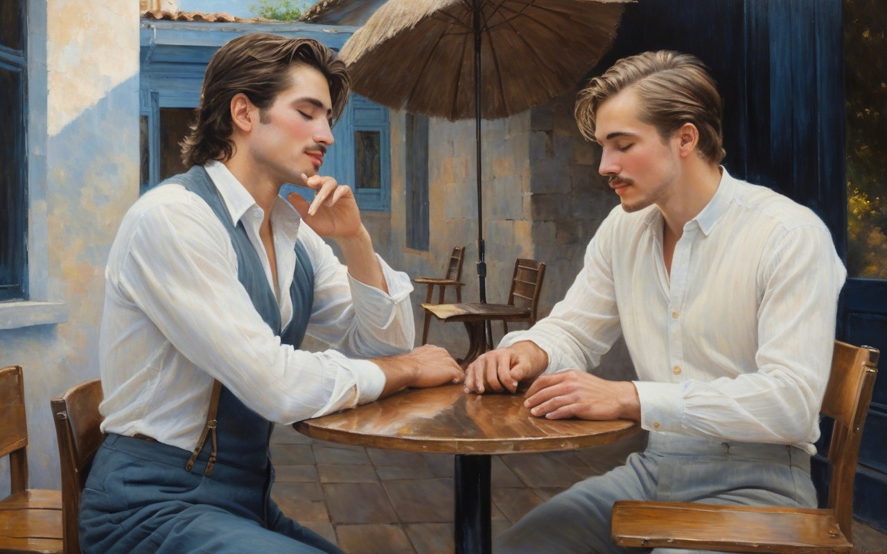 Young men in vintage attire at a cafe table
