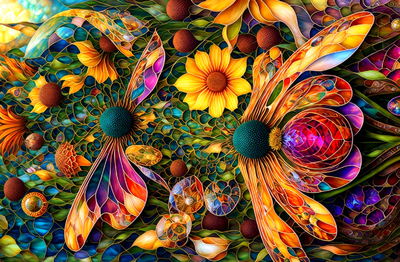 Vibrant Floral Design with Lush Greenery Background