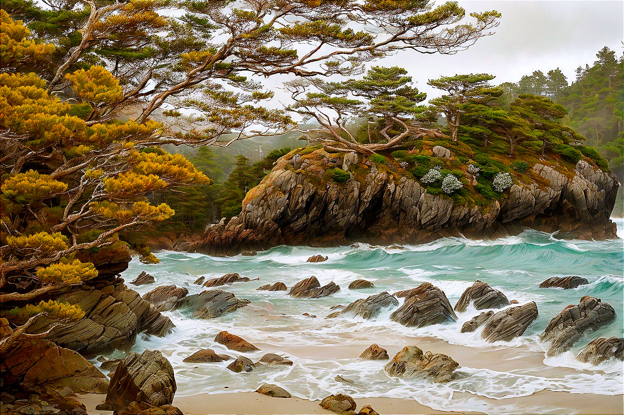 Rocky Coastline with Waves and Towering Pine Trees