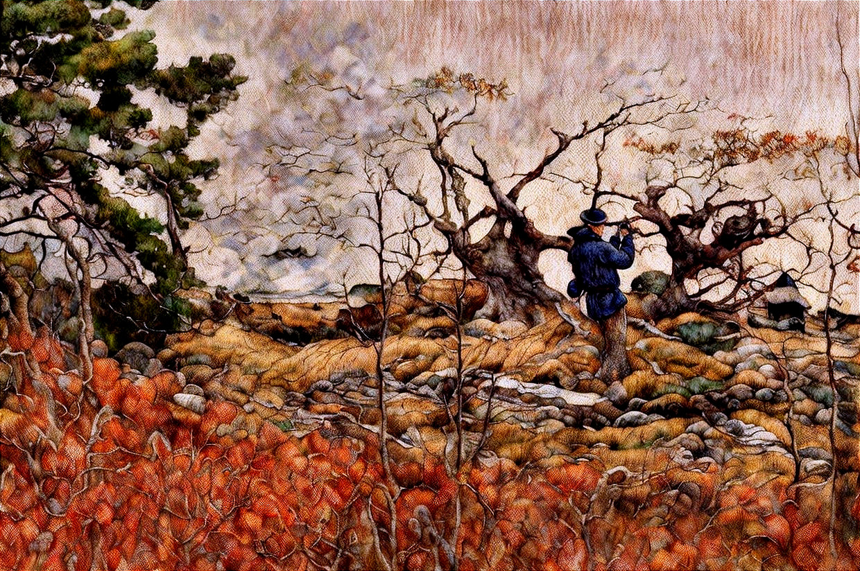 Solitary Figure in Autumn Landscape with Gnarled Trees