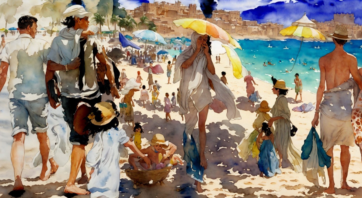 Watercolor Painting of a Busy Beach Scene