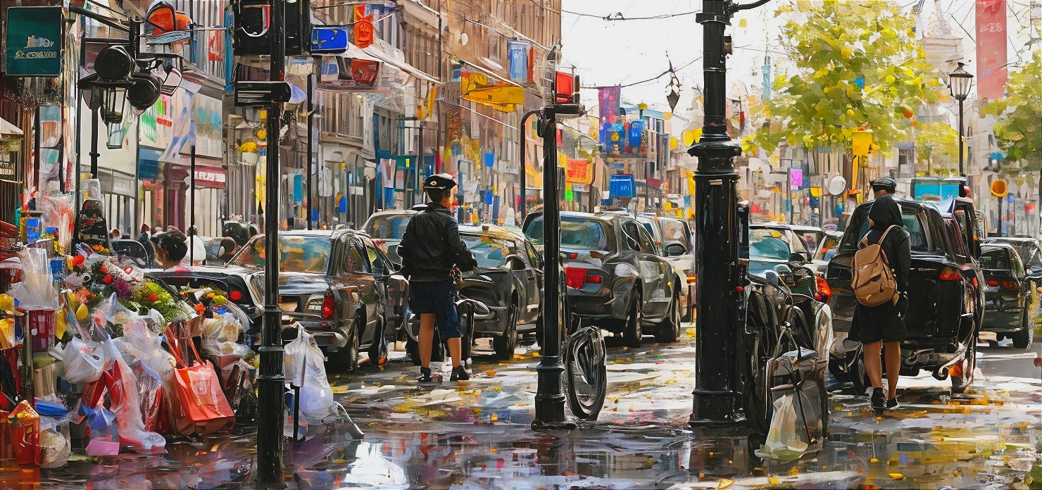 Urban Street Scene After Rain with Colorful Shopfronts
