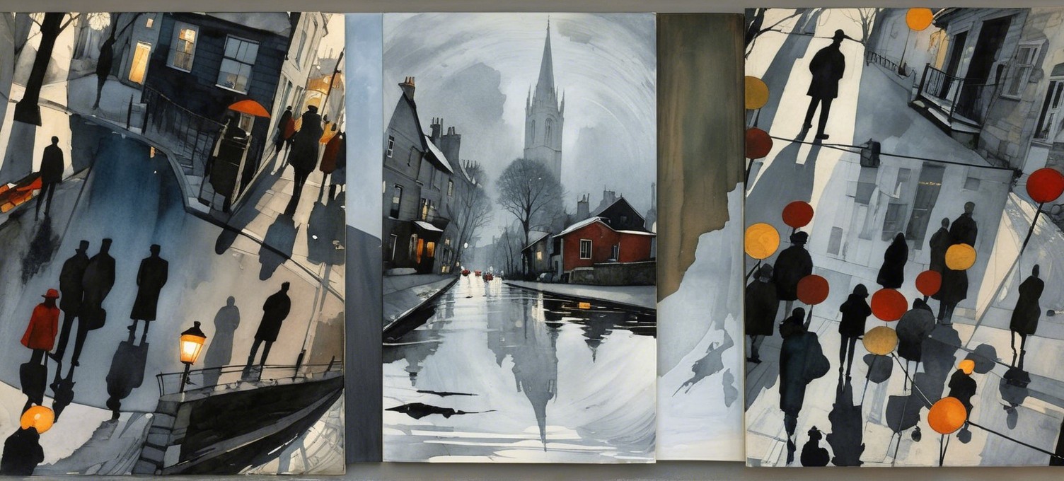 Urban Scenes with Shadowy Figures and Reflections