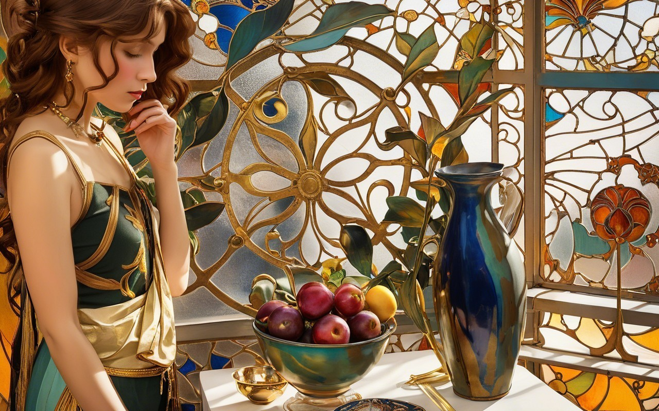 Young Woman by Stained Glass with Fruits and Pitcher