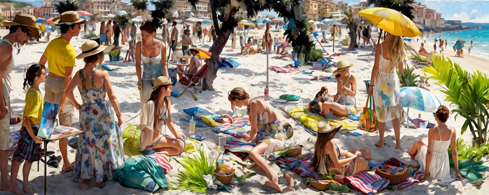 Vibrant Beach Scene with Sunbathers and Activities