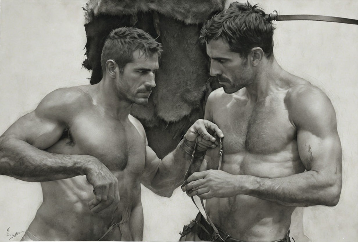 Muscular Men in Intense Conversation in Rugged Setting