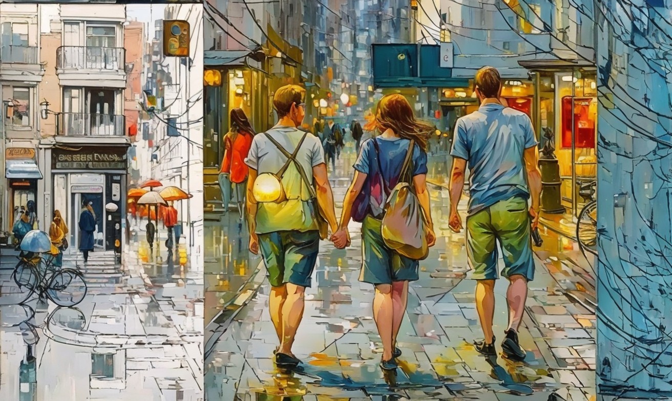 Vibrant Urban Scene with Rainy Street and Umbrellas