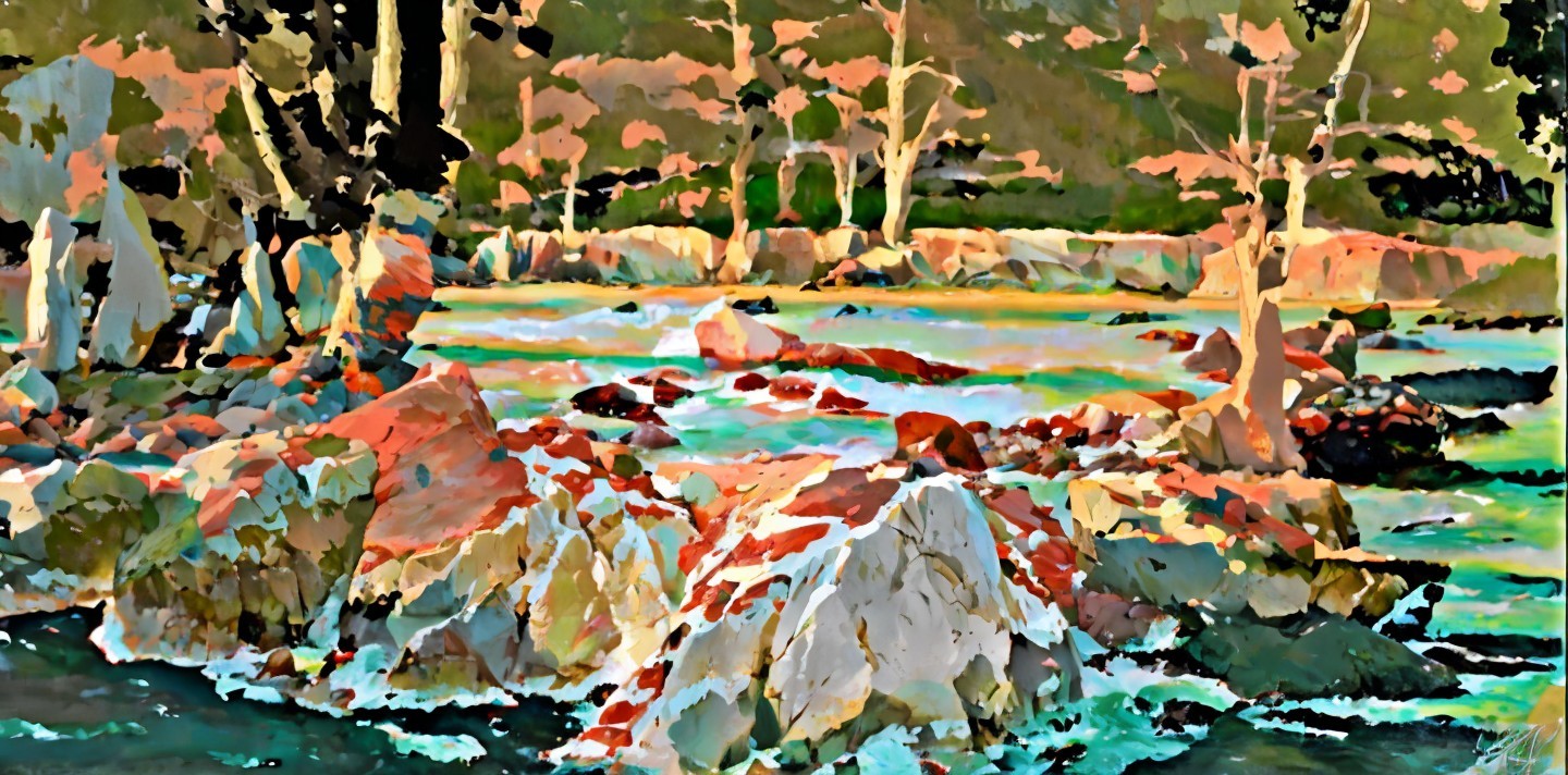 Vibrant Abstract Rocky Shoreline with Colorful Brush Strokes