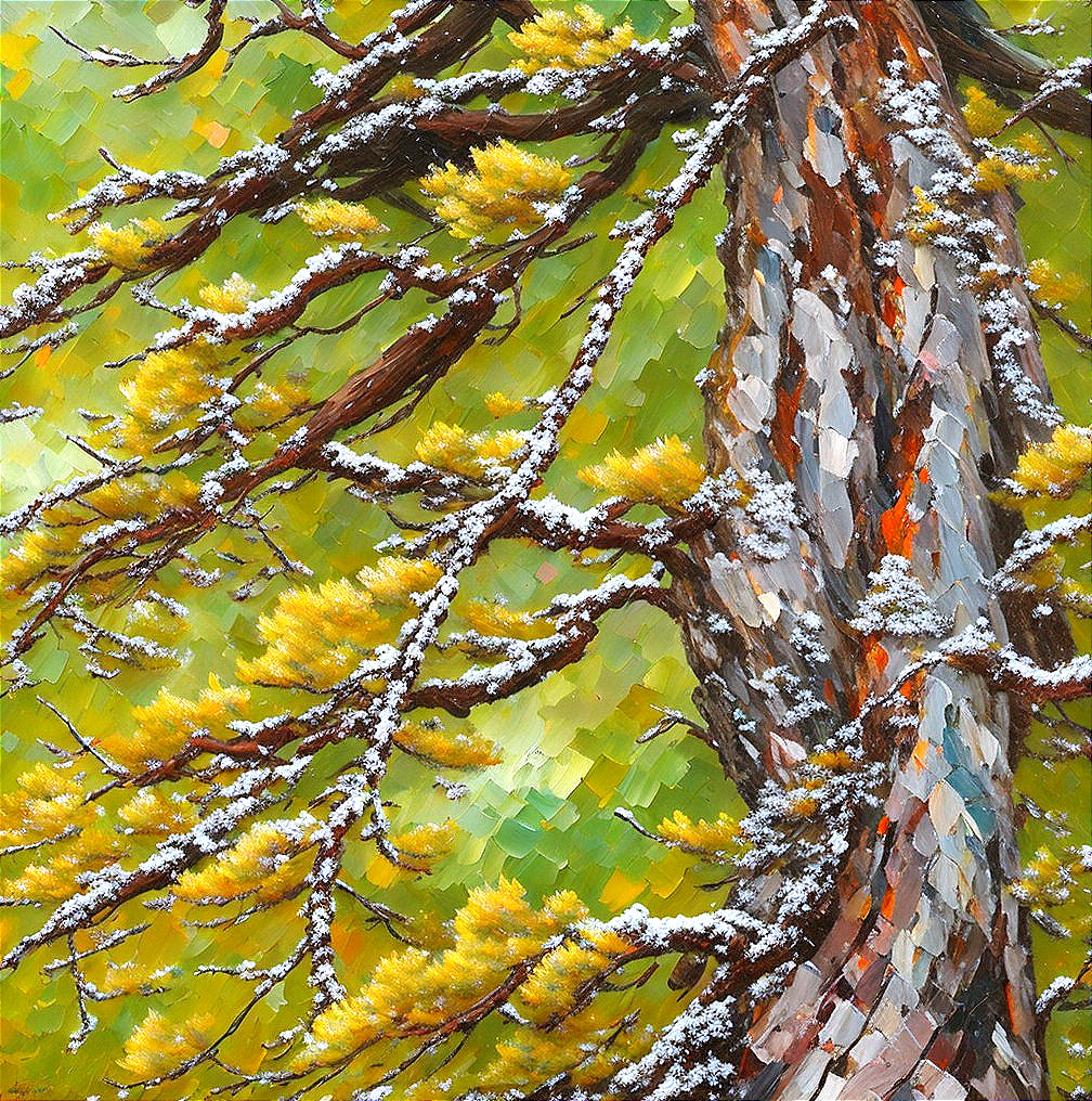 Vibrant Impressionist Painting of a Snow-Dusted Tree