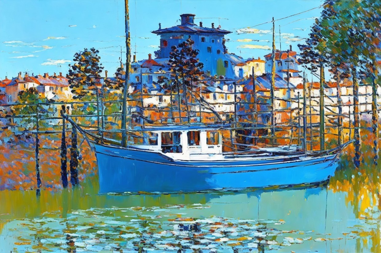 Impressionistic Scene of Blue Boat in Calm Waters