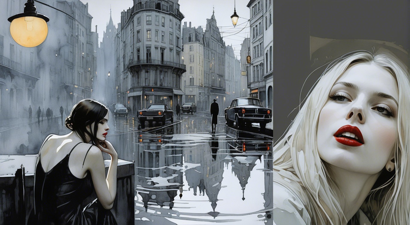 Vintage Cars in Rainy Urban Scene with Elegant Figures