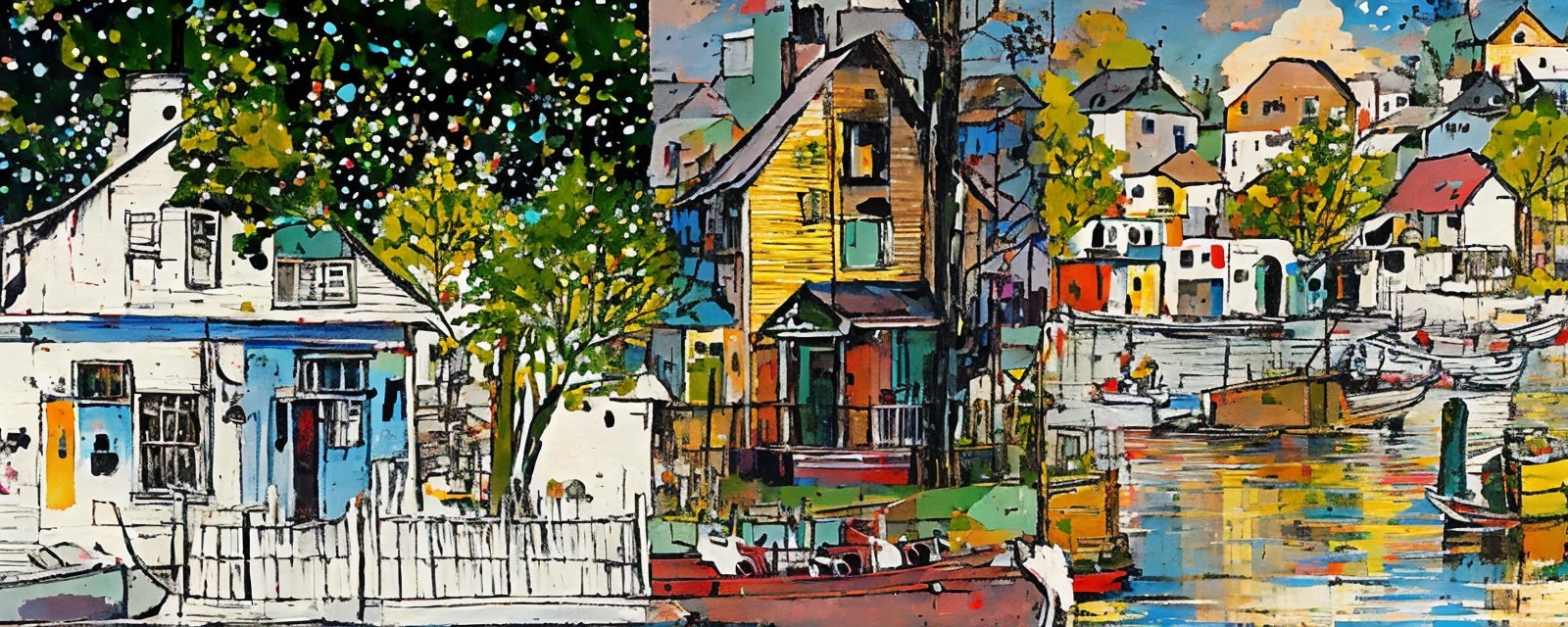 Vibrant Painting of a Seaside Town with Docks
