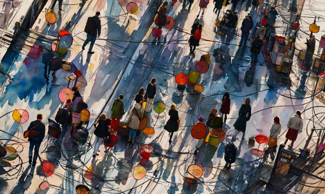 Vibrant Street Scene with Pedestrians and Umbrellas