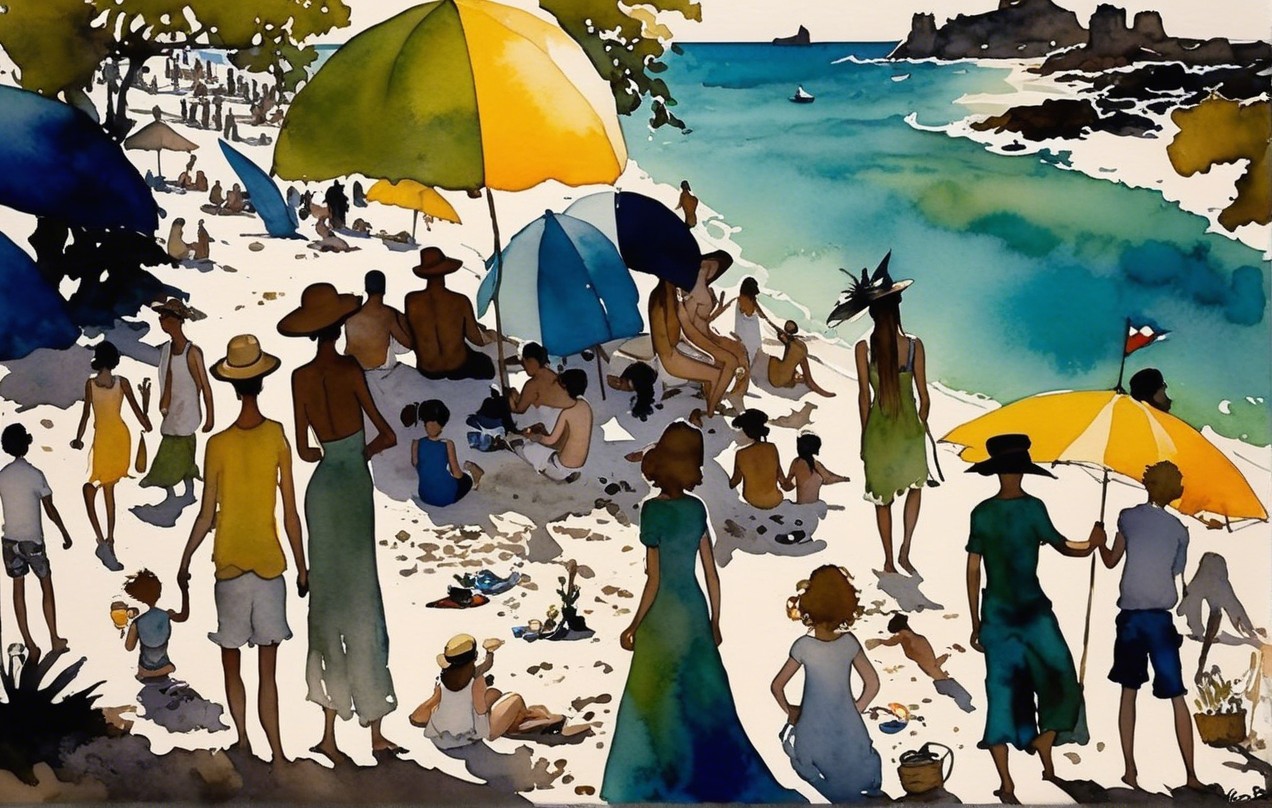 Vibrant Beach Scene with Sunbathers and Umbrellas