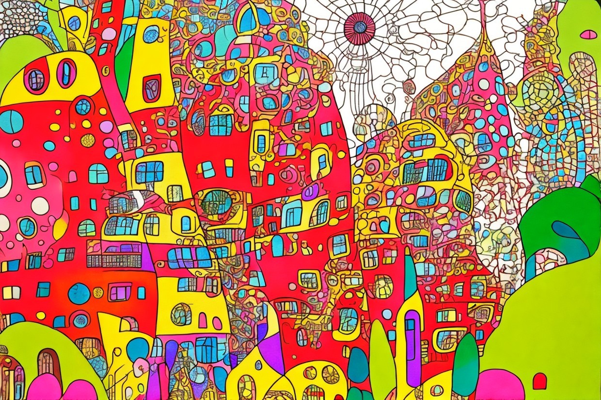 Abstract Landscape with Colorful Whimsical Buildings