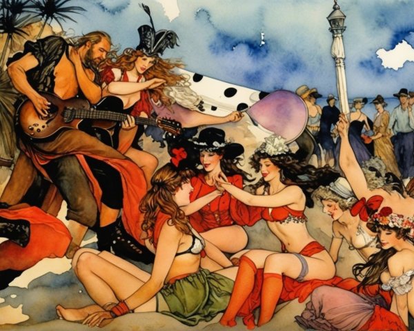 Vibrant Beach Party with Music and Dancing Characters