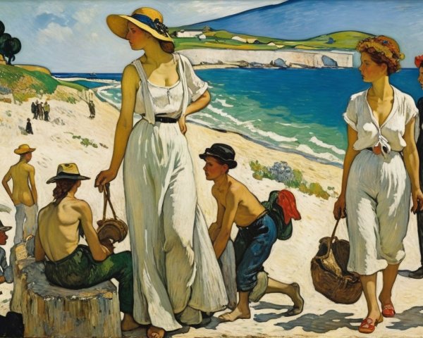 Beach Scene with People and White Buildings