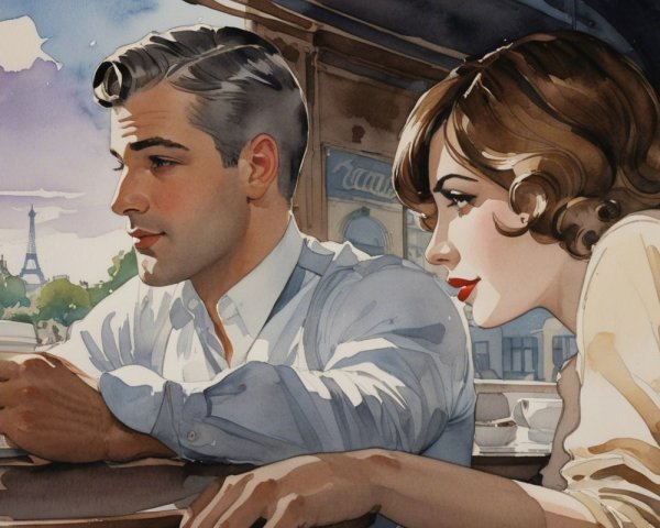 Stylish Couple at Café with Eiffel Tower View