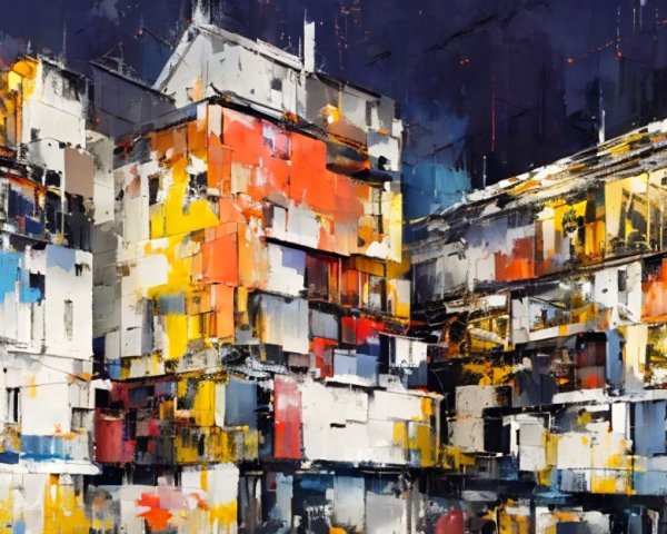 Vibrant Abstract Painting of Stylized Buildings