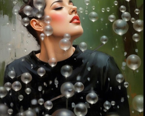 Elegant woman in serene bubble-filled environment