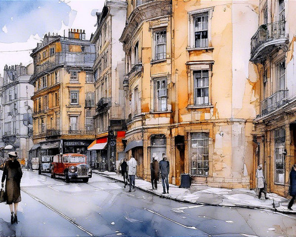 Vintage Street Scene with Elegant Architecture and Vehicles