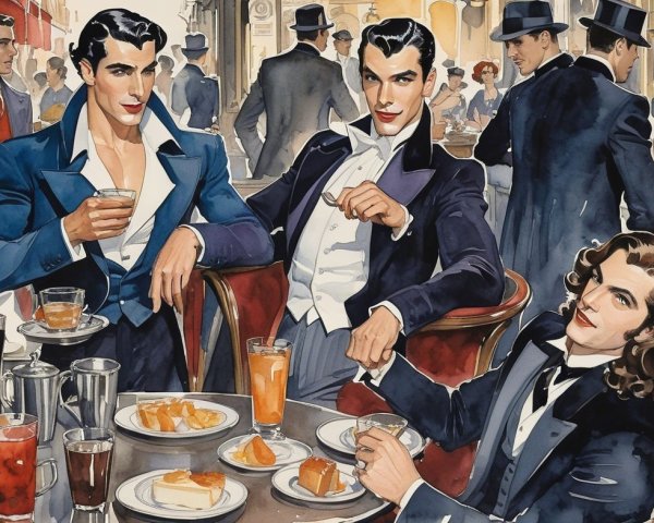 Elegant Men in Vintage Café with Upscale Atmosphere
