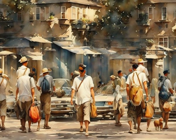 Vibrant Summer Street Scene with People and Vintage Cars