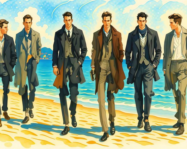 Men in Formal Attire Walking on a Beach Scene