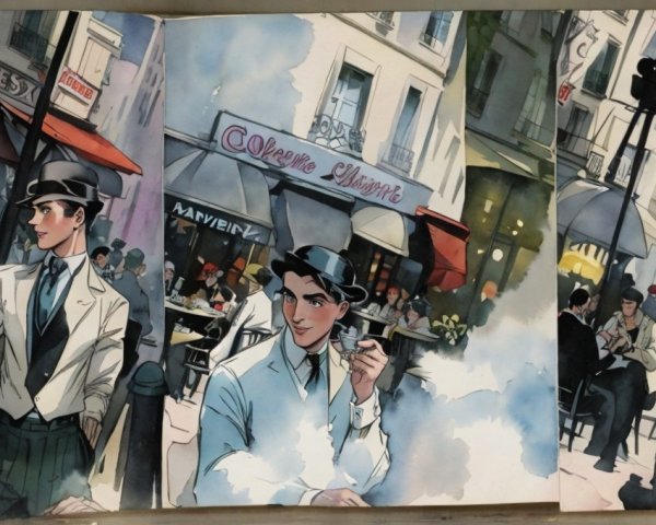Vibrant Parisian Café Scene in Comic Art Style