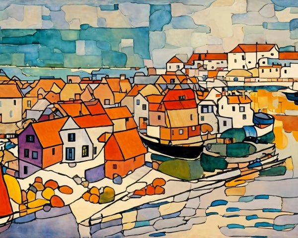 Vibrant Coastal Village with Colorful Houses and Boats