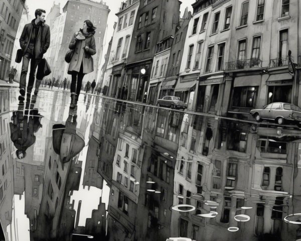 Monochromatic Urban Scene with Figures on Rainy Street